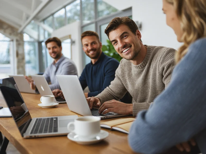 Atelier débutants en petit groupe, table de travail avec ordinateurs, carnets et cafés