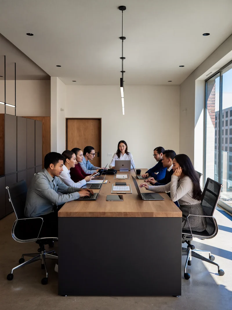 Équipe réunie autour d'un bureau partagé lors d'une journée de formation en entreprise