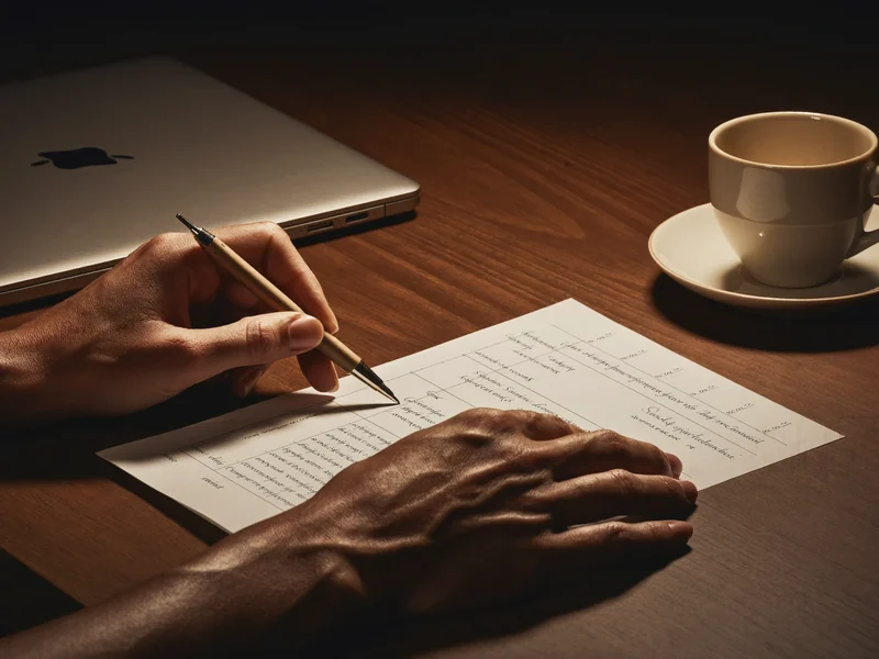 Mains annotant une feuille quadrillée à côté d'un ordinateur fermé et d'une tasse